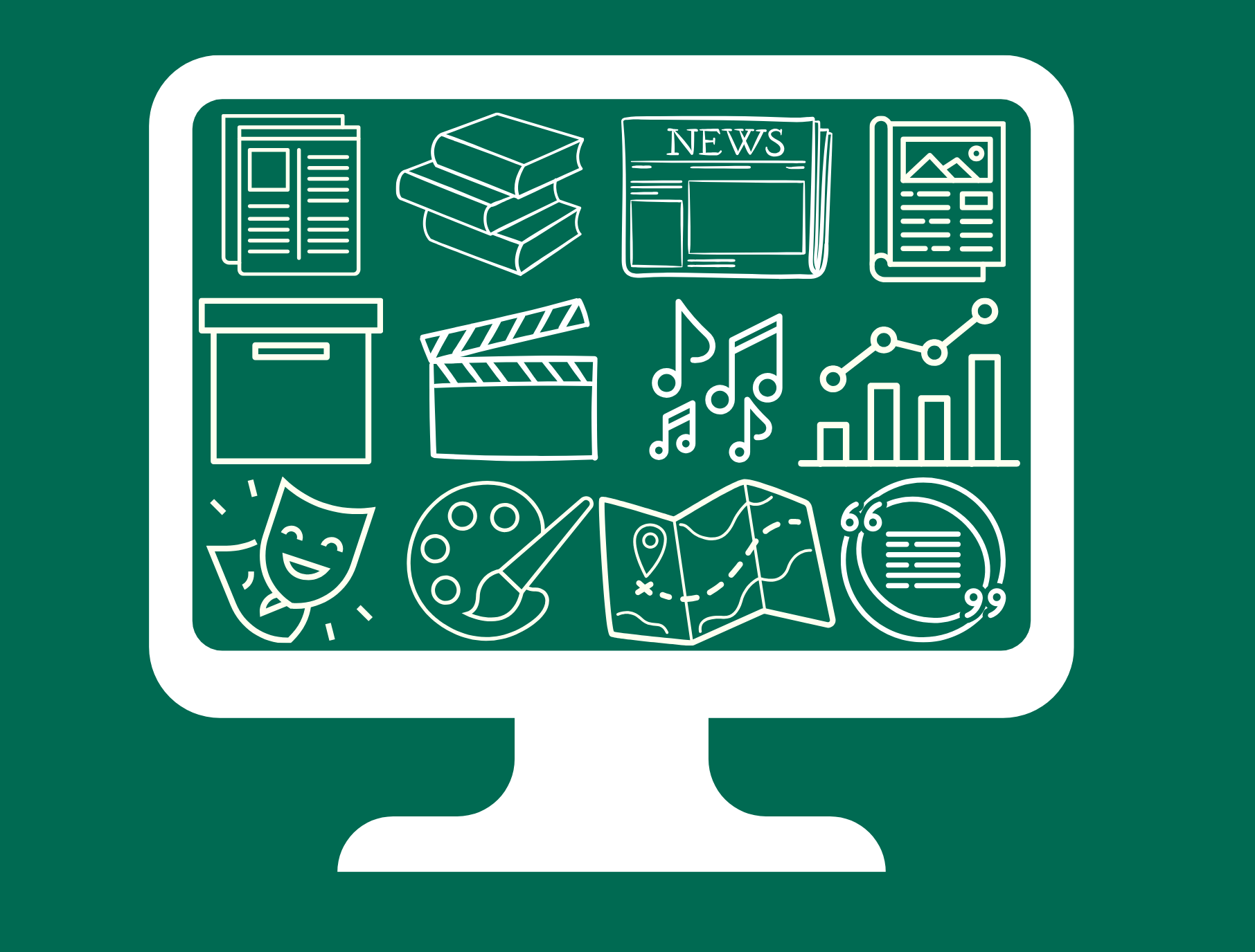 A white, rectangle on a green background.  Inside the rectangle is a greenbackground with various college-related images outlines in white.