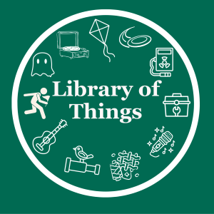 The word "Library of Things" surrounded by various items, including a kite, guitar, toolbox and a ghost.