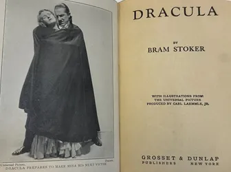 The inside cover of Bram Stoker's Dracula with an image of him preparing to take his next victim.