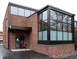 The Hoge building is a red brick structure.  This picture is of its front door.